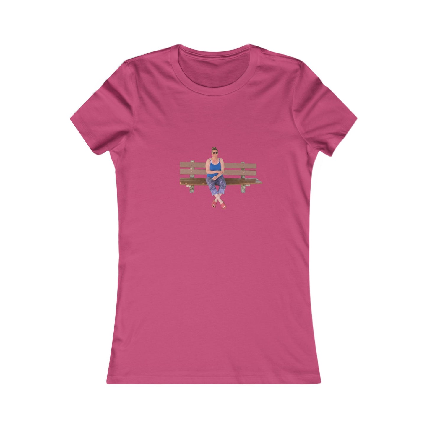 Women's Tee — Sitting Woman Bench Front & Tree with Coordinates Back Printify