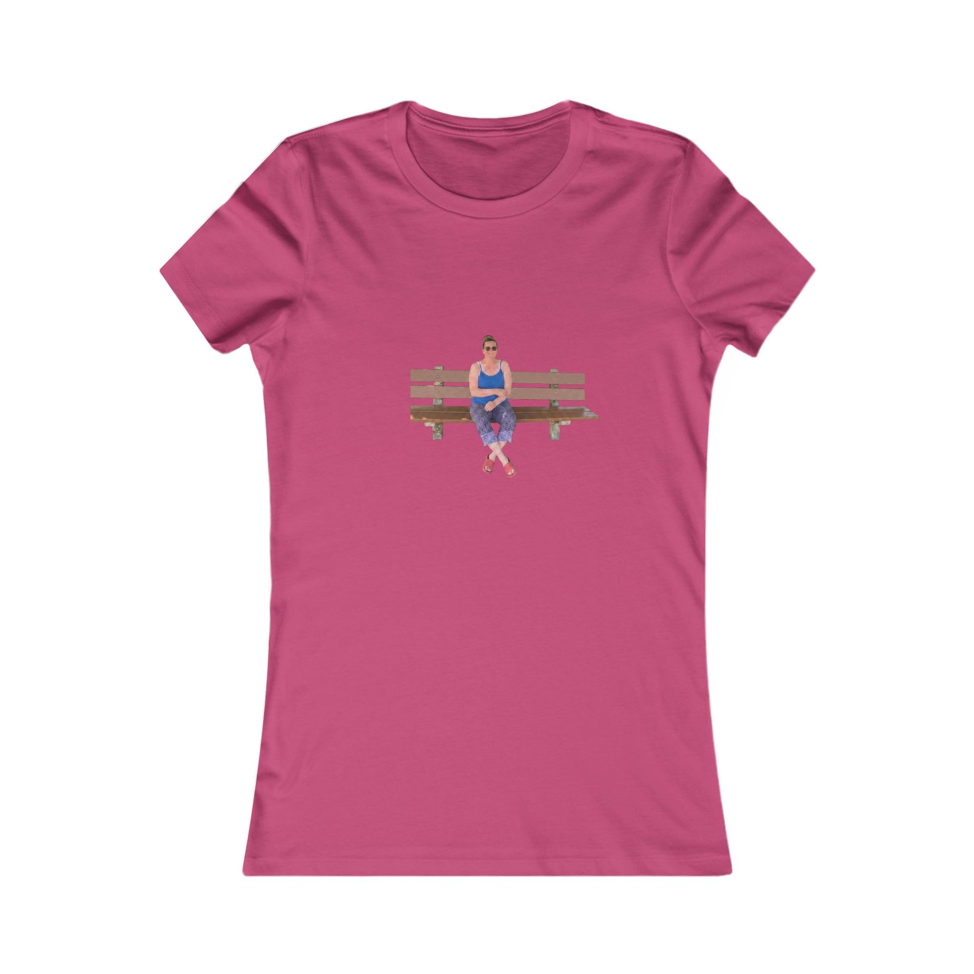 Women's Tee — Sitting Woman Bench Front & Tree with Coordinates Back Printify
