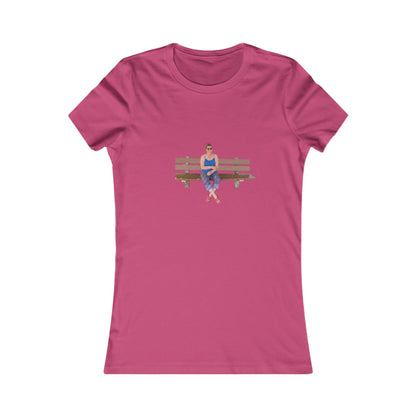 Women's Tee — Sitting Woman Bench Front & Tree with Coordinates Back Printify