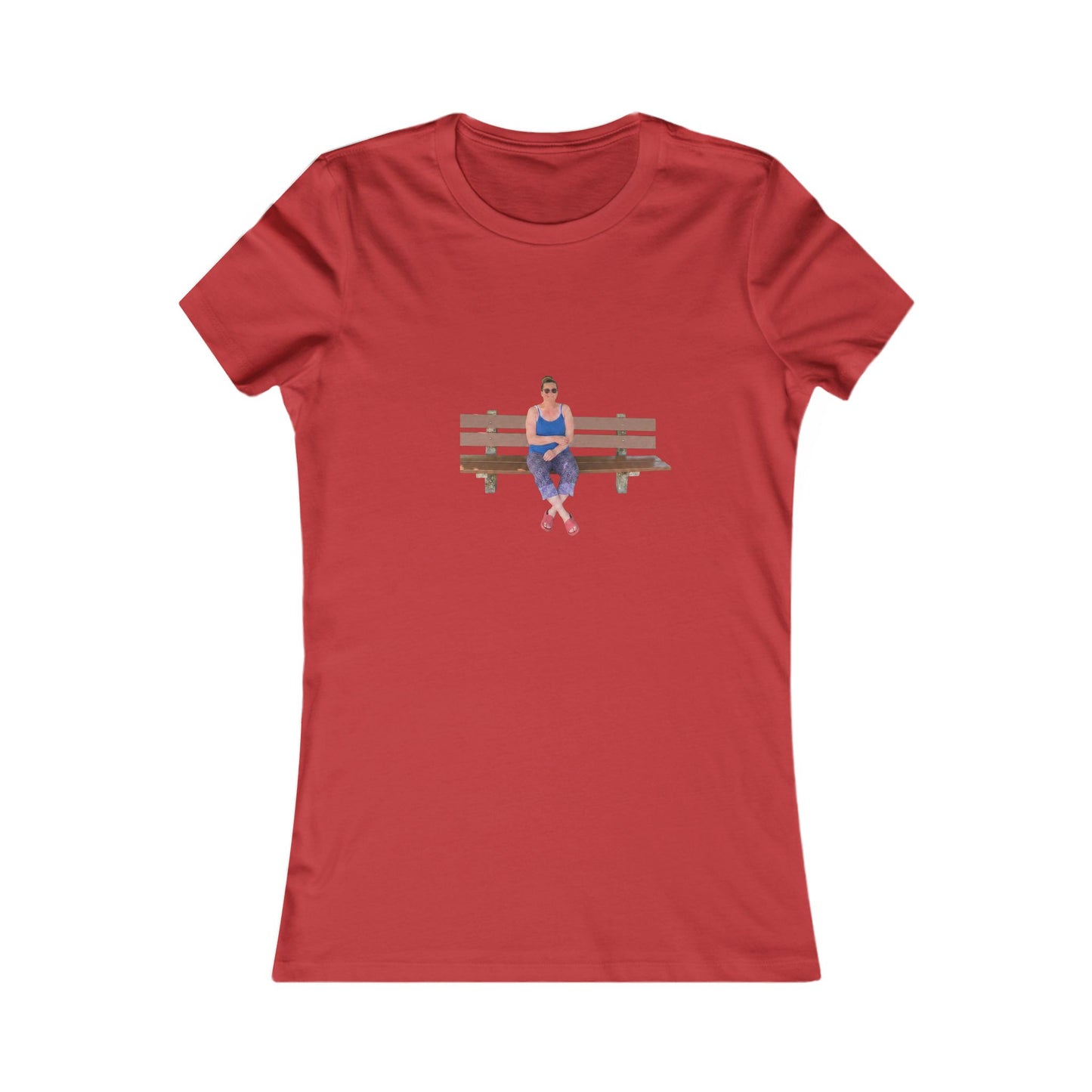Women's Tee — Sitting Woman Bench Front & Tree with Coordinates Back Printify