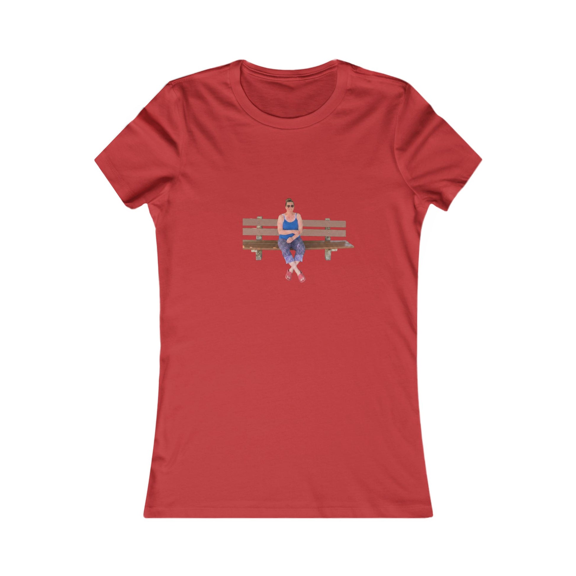 Women's Tee — Sitting Woman Bench Front & Tree with Coordinates Back Printify