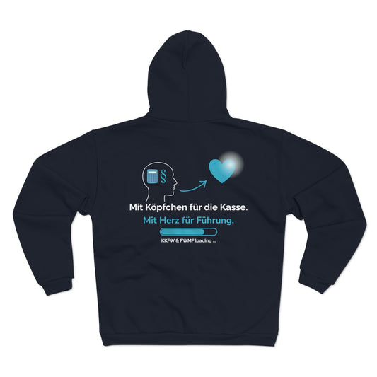 Zip Hoodie – "Mit Köpfchen für die Kasse. Mit Herz für Führung." German Accounting & Leadership Design Printify