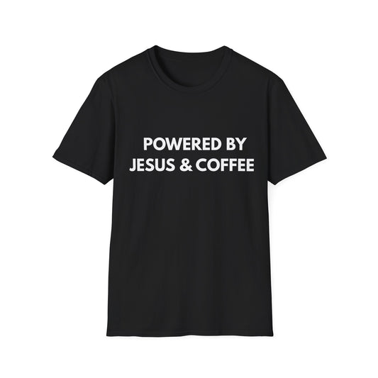 Powered by Jesus & Coffee T‑Shirt aus Baumwolle Printify
