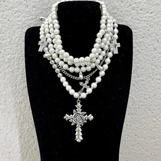 Goth Fashion Rose Cross Imitation Pearl Beadd Pendant Necklace for Women Cool Charm Aesthetic Accessories Vintage Luxury Jewelry - So ist Leben
