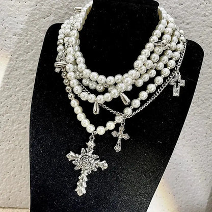 Goth Fashion Rose Cross Imitation Pearl Beadd Pendant Necklace for Women Cool Charm Aesthetic Accessories Vintage Luxury Jewelry - So ist Leben