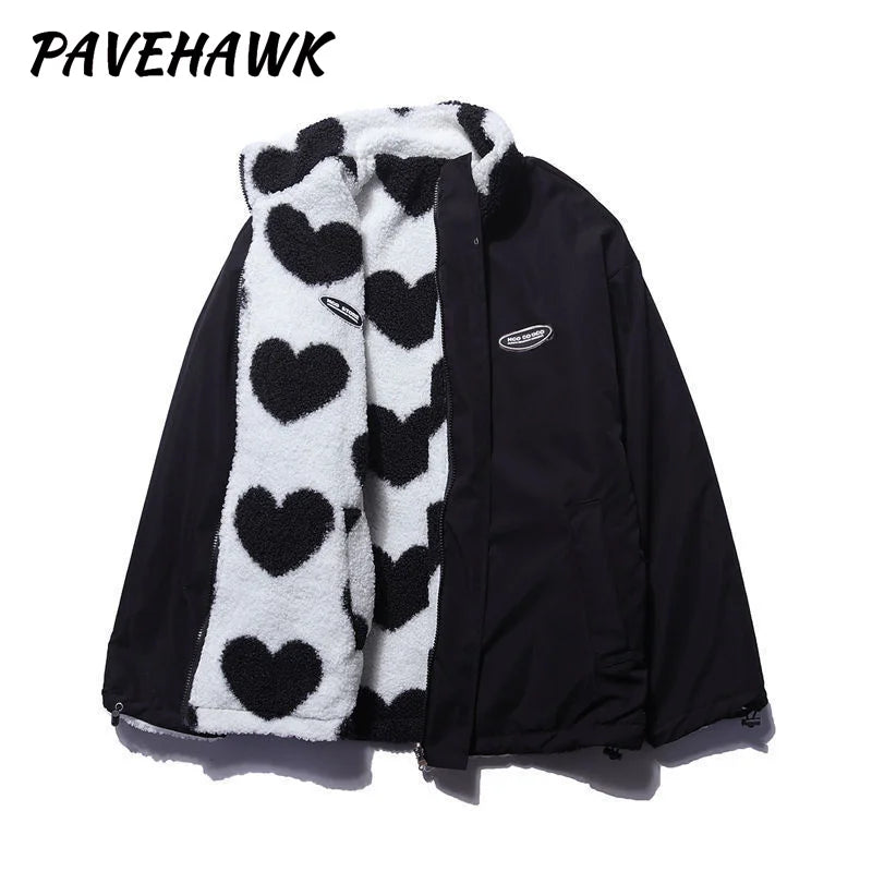 Frauen doppelseitige Lammfell Plüsch Mantel Paar lose Herz druck Liebe gepolsterte Jacken lässig Reiß verschluss Winter Stehkragen Outwear So ist Leben