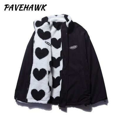 Frauen doppelseitige Lammfell Plüsch Mantel Paar lose Herz druck Liebe gepolsterte Jacken lässig Reiß verschluss Winter Stehkragen Outwear So ist Leben