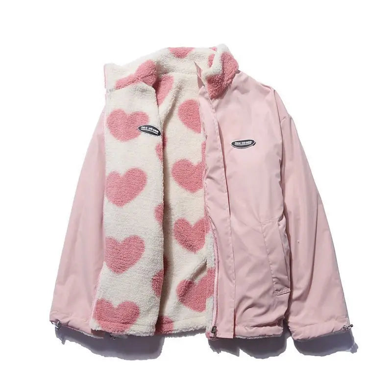 Frauen doppelseitige Lammfell Plüsch Mantel Paar lose Herz druck Liebe gepolsterte Jacken lässig Reiß verschluss Winter Stehkragen Outwear So ist Leben