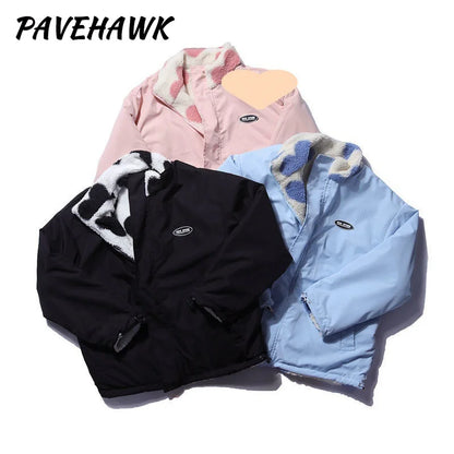 Frauen doppelseitige Lammfell Plüsch Mantel Paar lose Herz druck Liebe gepolsterte Jacken lässig Reiß verschluss Winter Stehkragen Outwear So ist Leben