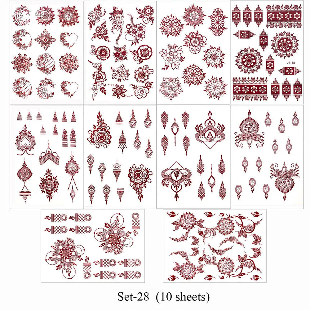 10 Teile/satz Kastanienbraun Farbe Henna Tattoo Aufkleber für Hand Braun Rot Henna Tattoos für Frauen Wasserdicht Temporäre Mehndi Fake Tattoo So ist Leben