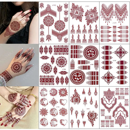 10 Teile/satz Kastanienbraun Farbe Henna Tattoo Aufkleber für Hand Braun Rot Henna Tattoos für Frauen Wasserdicht Temporäre Mehndi Fake Tattoo So ist Leben