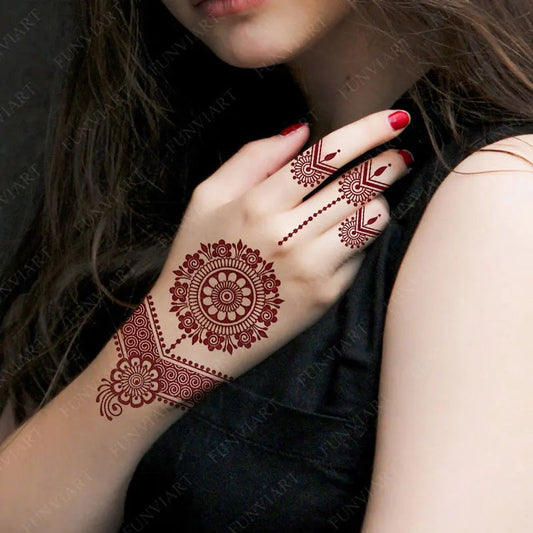 10 Teile/satz Kastanienbraun Farbe Henna Tattoo Aufkleber für Hand Braun Rot Henna Tattoos für Frauen Wasserdicht Temporäre Mehndi Fake Tattoo So ist Leben