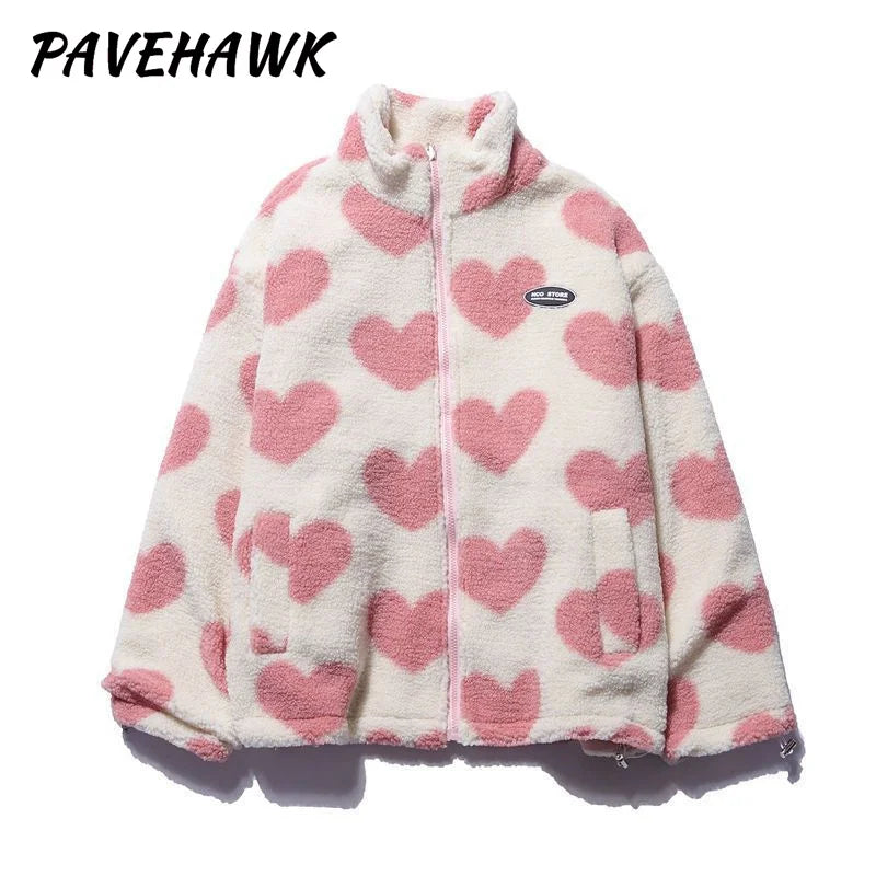 Frauen doppelseitige Lammfell Plüsch Mantel Paar lose Herz druck Liebe gepolsterte Jacken lässig Reiß verschluss Winter Stehkragen Outwear So ist Leben