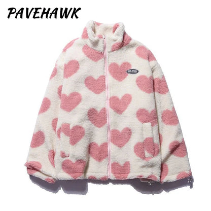 Frauen doppelseitige Lammfell Plüsch Mantel Paar lose Herz druck Liebe gepolsterte Jacken lässig Reiß verschluss Winter Stehkragen Outwear So ist Leben