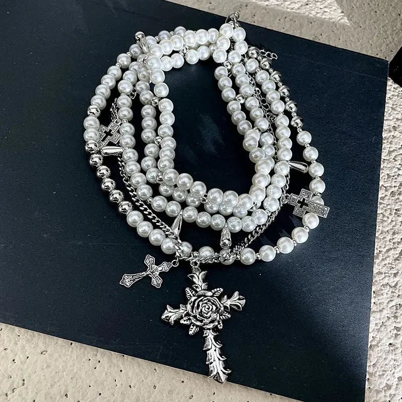 Goth Fashion Rose Cross Imitation Pearl Beadd Pendant Necklace for Women Cool Charm Aesthetic Accessories Vintage Luxury Jewelry - So ist Leben