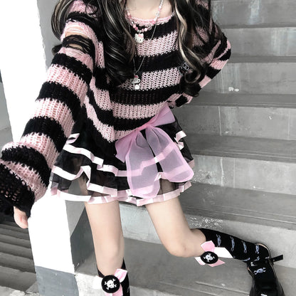 Karrram Rosa Gestreifte Gothic Pullover Frauen Zerrissene Löcher Lose Gestrickte Pullover Ausgefranste Fee Grunge Jumper Emo Streetwear Lolita So ist Leben