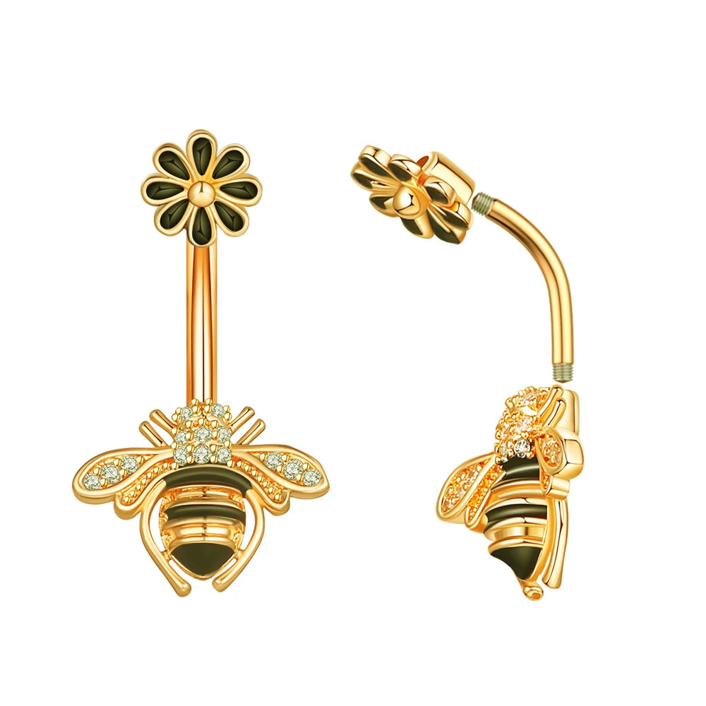 Dainsty baumelnde Bauchnabelringe Chirurgenstahl 14G Bar Nabelpiercing Ring Kristall CZ Biene Blume Herz Bauchring Ohrschmuck So ist Leben