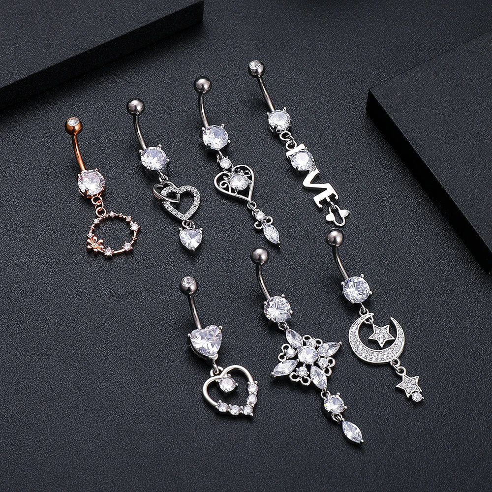 Dainsty baumelnde Bauchnabelringe Chirurgenstahl 14G Bar Nabelpiercing Ring Kristall CZ Biene Blume Herz Bauchring Ohrschmuck So ist Leben