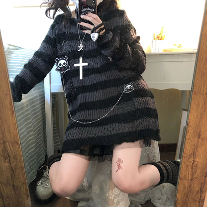 Karrram Rosa Gestreifte Gothic Pullover Frauen Zerrissene Löcher Lose Gestrickte Pullover Ausgefranste Fee Grunge Jumper Emo Streetwear Lolita So ist Leben