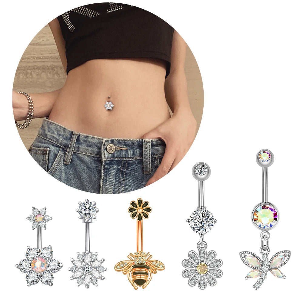 Dainsty baumelnde Bauchnabelringe Chirurgenstahl 14G Bar Nabelpiercing Ring Kristall CZ Biene Blume Herz Bauchring Ohrschmuck So ist Leben