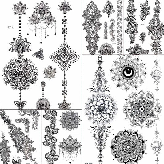 YURAN Mode Schwarz Ketten Handgelenk Henna Blume Gefälschte Tattoos Aufkleber Wasserdicht Mandala Flora Tattoo Temporäre Frauen Arm 3D Tatto So ist Leben