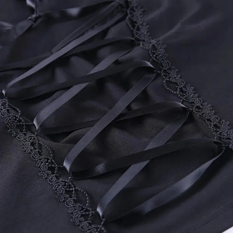 Vintage Tops Goth T-shirt Women Bodycon Bandage Lace Black T-shirts Gothic Streetwear Sexy Female Top Casual Mesh Tee - So ist Leben