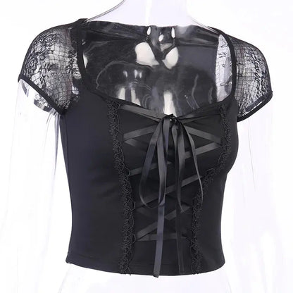 Vintage Tops Goth T-shirt Women Bodycon Bandage Lace Black T-shirts Gothic Streetwear Sexy Female Top Casual Mesh Tee - So ist Leben