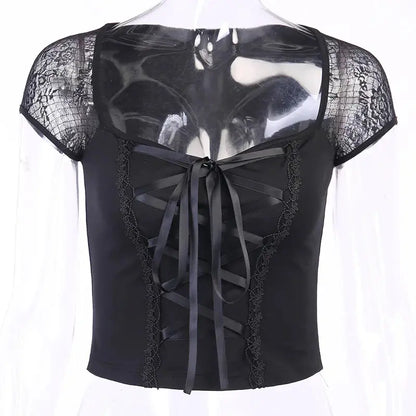 Vintage Tops Goth T-shirt Women Bodycon Bandage Lace Black T-shirts Gothic Streetwear Sexy Female Top Casual Mesh Tee - So ist Leben