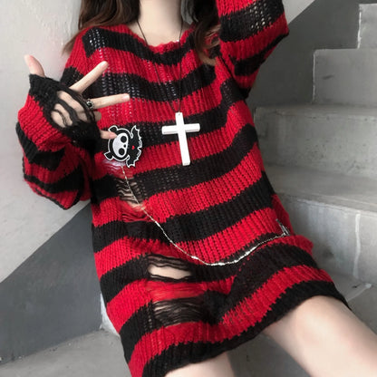 Karrram Rosa Gestreifte Gothic Pullover Frauen Zerrissene Löcher Lose Gestrickte Pullover Ausgefranste Fee Grunge Jumper Emo Streetwear Lolita So ist Leben