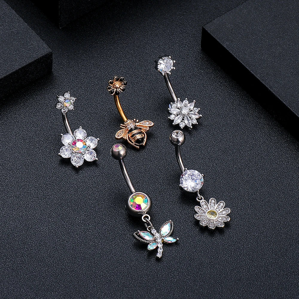 Dainsty baumelnde Bauchnabelringe Chirurgenstahl 14G Bar Nabelpiercing Ring Kristall CZ Biene Blume Herz Bauchring Ohrschmuck So ist Leben
