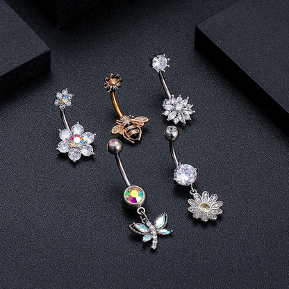 Dainsty baumelnde Bauchnabelringe Chirurgenstahl 14G Bar Nabelpiercing Ring Kristall CZ Biene Blume Herz Bauchring Ohrschmuck So ist Leben