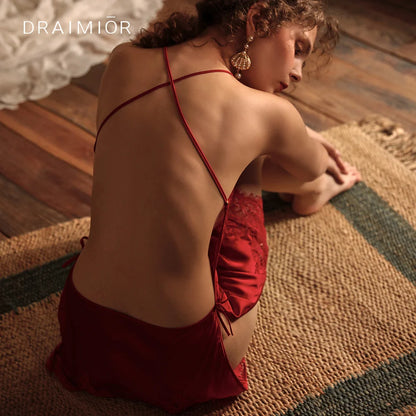 Rot Sexy Backless Nachthemd Frauen Zurück Kreuz Hosenträger Nighty Sehen Durch Spitze Nachtwäsche Seide Nachthemd Dessous Dropshipping So ist Leben
