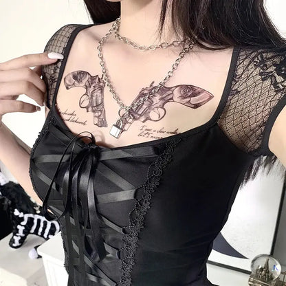 Vintage Tops Goth T-shirt Women Bodycon Bandage Lace Black T-shirts Gothic Streetwear Sexy Female Top Casual Mesh Tee - So ist Leben
