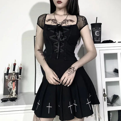Vintage Tops Goth T-shirt Women Bodycon Bandage Lace Black T-shirts Gothic Streetwear Sexy Female Top Casual Mesh Tee - So ist Leben