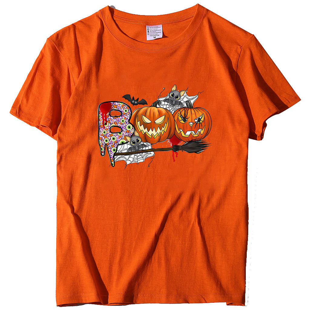 Cartoon Halloween Pumpkin Print Cross-Border Spring and Summer New Spot Multi-Color Cvc Pull-Up 180g Round Neck Short Sleeves So ist Leben