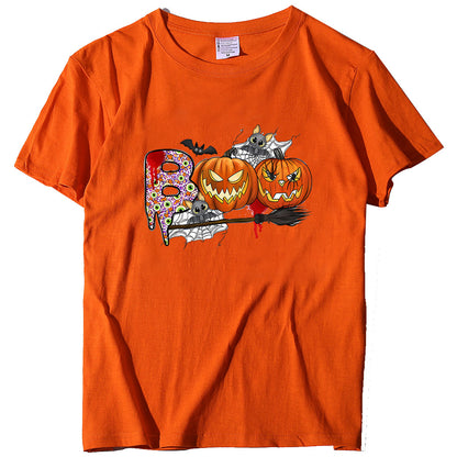 Cartoon Halloween Pumpkin Print Cross-Border Spring and Summer New Spot Multi-Color Cvc Pull-Up 180g Round Neck Short Sleeves So ist Leben