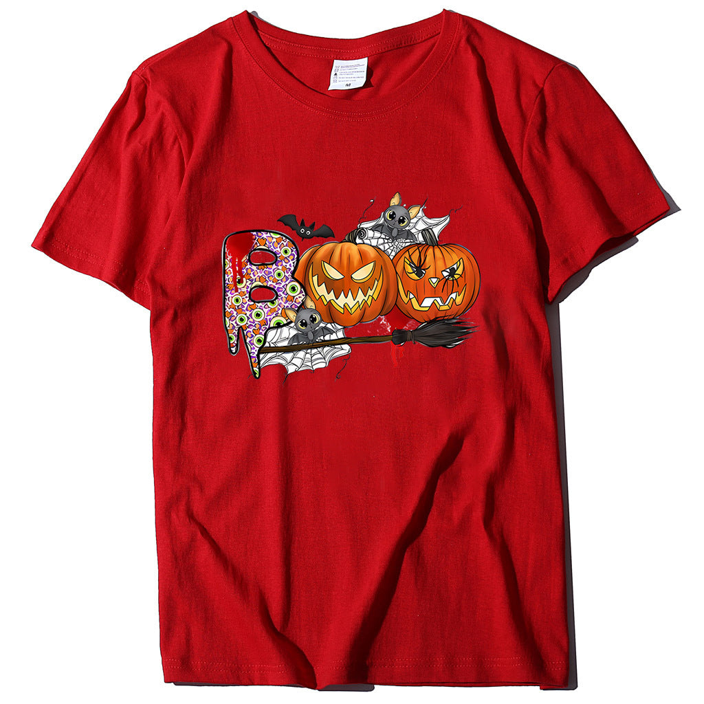 Cartoon Halloween Pumpkin Print Cross-Border Spring and Summer New Spot Multi-Color Cvc Pull-Up 180g Round Neck Short Sleeves So ist Leben