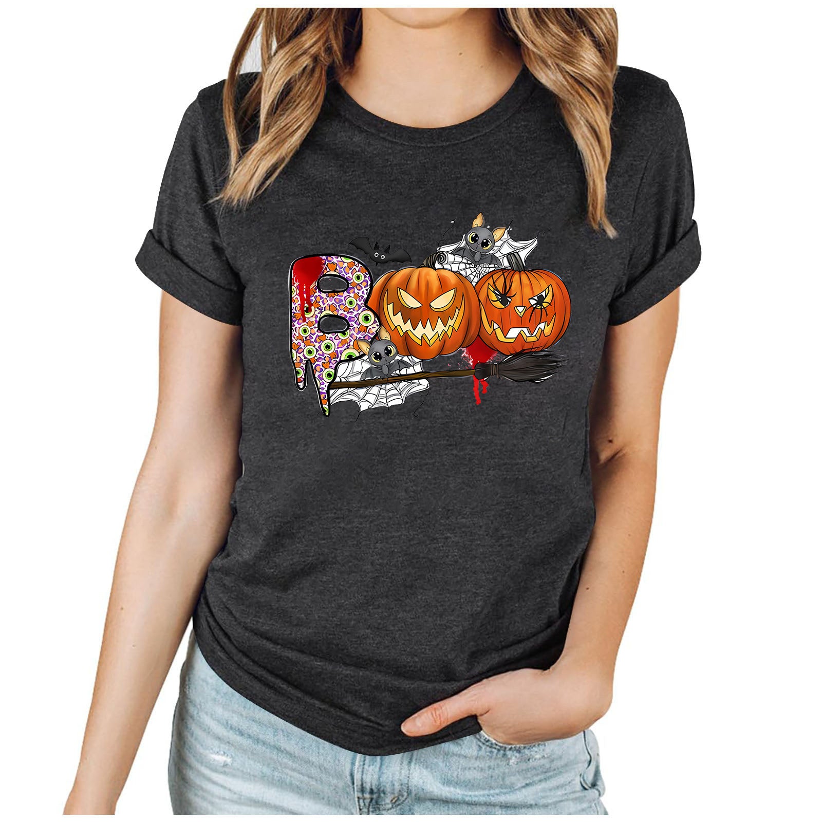 Cartoon Halloween Pumpkin Print Cross-Border Spring and Summer New Spot Multi-Color Cvc Pull-Up 180g Round Neck Short Sleeves So ist Leben