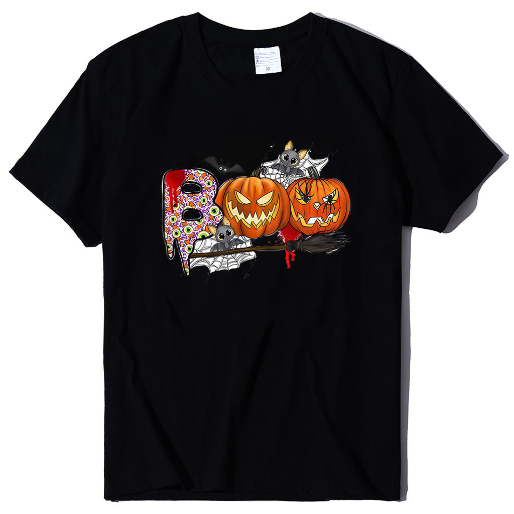 Cartoon Halloween Pumpkin Print Cross-Border Spring and Summer New Spot Multi-Color Cvc Pull-Up 180g Round Neck Short Sleeves So ist Leben
