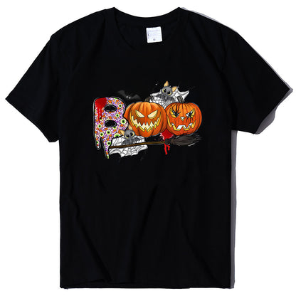 Cartoon Halloween Pumpkin Print Cross-Border Spring and Summer New Spot Multi-Color Cvc Pull-Up 180g Round Neck Short Sleeves So ist Leben