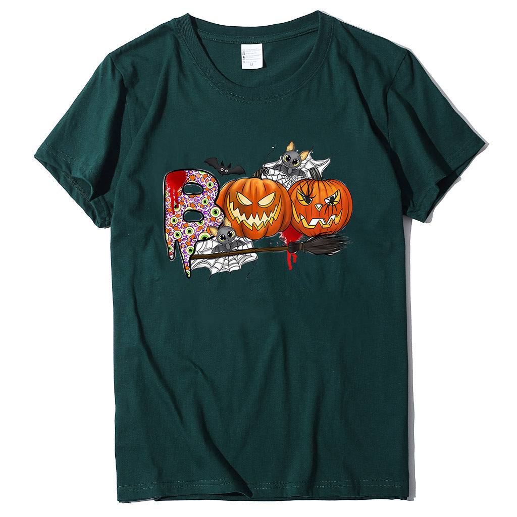 Cartoon Halloween Pumpkin Print Cross-Border Spring and Summer New Spot Multi-Color Cvc Pull-Up 180g Round Neck Short Sleeves So ist Leben