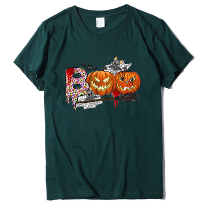 Cartoon Halloween Pumpkin Print Cross-Border Spring and Summer New Spot Multi-Color Cvc Pull-Up 180g Round Neck Short Sleeves So ist Leben