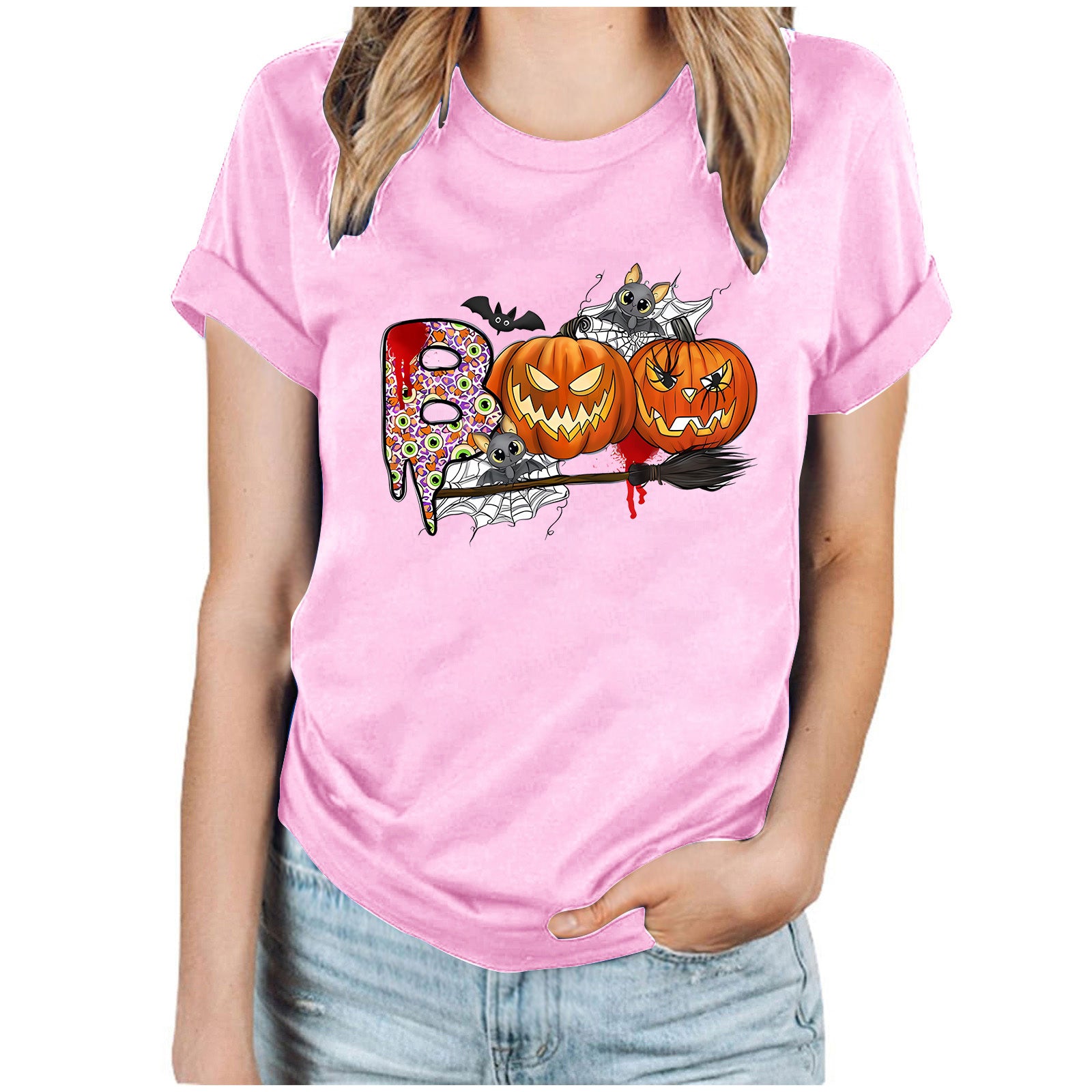 Cartoon Halloween Pumpkin Print Cross-Border Spring and Summer New Spot Multi-Color Cvc Pull-Up 180g Round Neck Short Sleeves So ist Leben