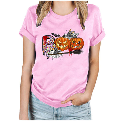 Cartoon Halloween Pumpkin Print Cross-Border Spring and Summer New Spot Multi-Color Cvc Pull-Up 180g Round Neck Short Sleeves So ist Leben