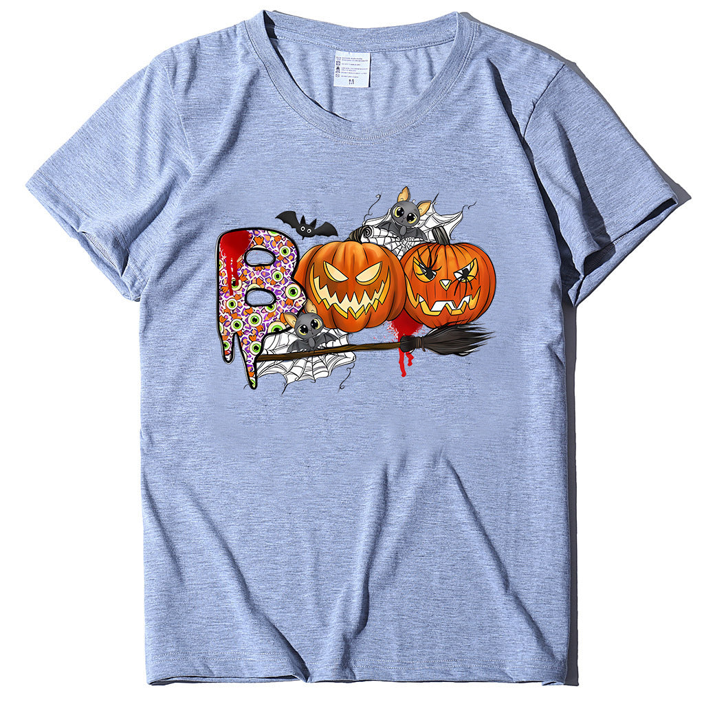 Cartoon Halloween Pumpkin Print Cross-Border Spring and Summer New Spot Multi-Color Cvc Pull-Up 180g Round Neck Short Sleeves So ist Leben