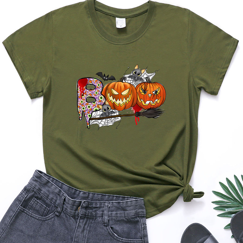 Cartoon Halloween Pumpkin Print Cross-Border Spring and Summer New Spot Multi-Color Cvc Pull-Up 180g Round Neck Short Sleeves So ist Leben