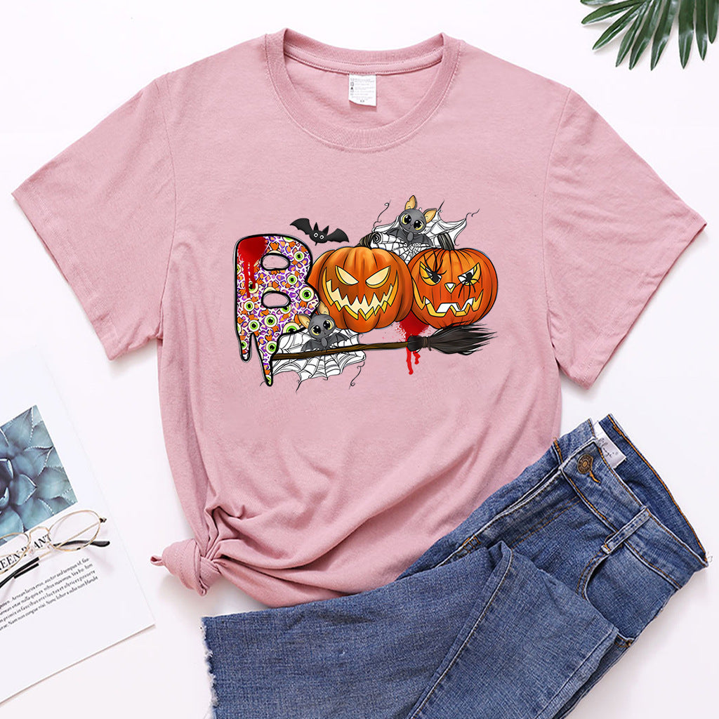 Cartoon Halloween Pumpkin Print Cross-Border Spring and Summer New Spot Multi-Color Cvc Pull-Up 180g Round Neck Short Sleeves So ist Leben
