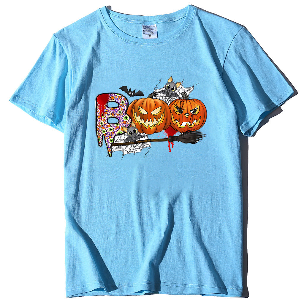 Cartoon Halloween Pumpkin Print Cross-Border Spring and Summer New Spot Multi-Color Cvc Pull-Up 180g Round Neck Short Sleeves So ist Leben