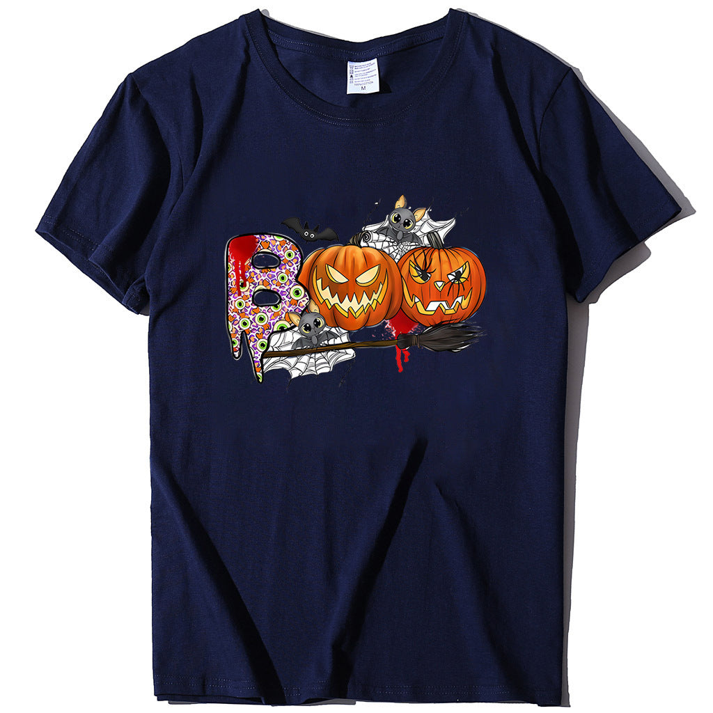 Cartoon Halloween Pumpkin Print Cross-Border Spring and Summer New Spot Multi-Color Cvc Pull-Up 180g Round Neck Short Sleeves So ist Leben