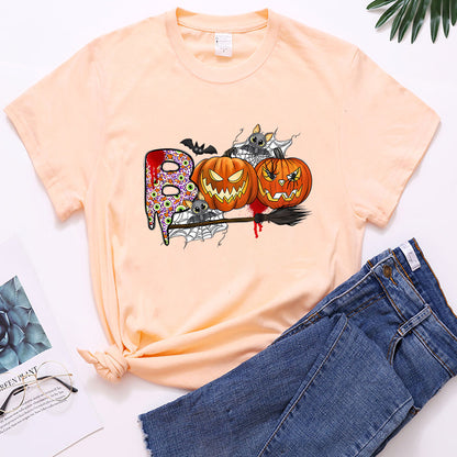 Cartoon Halloween Pumpkin Print Cross-Border Spring and Summer New Spot Multi-Color Cvc Pull-Up 180g Round Neck Short Sleeves So ist Leben